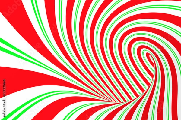 Fototapeta Christmas festive red and green spiral tunnel. Striped twisted xmas optical illusion. Hypnotic background. 3D render illustration.