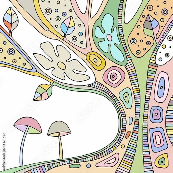 Fototapeta Vector colorful hand drawn illustration of psychedelic abstract tree, flowers, leaves, dots, mushrooms, background Decorative artistic creative picture, line drawing. Picture for coloring
