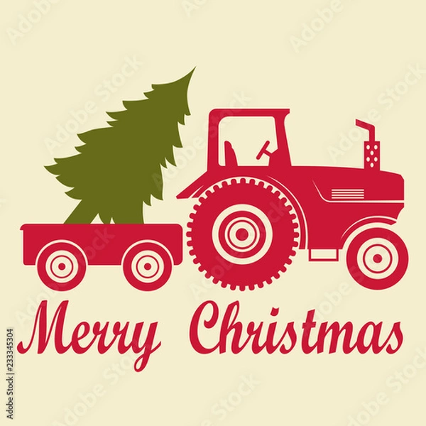 Obraz Christmas tractor with a trailer and a tree