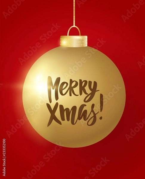 Fototapeta Hanging Christmas ball on red background. Merry Xmas hand drawn letters. Sparkling golden glitter bauble