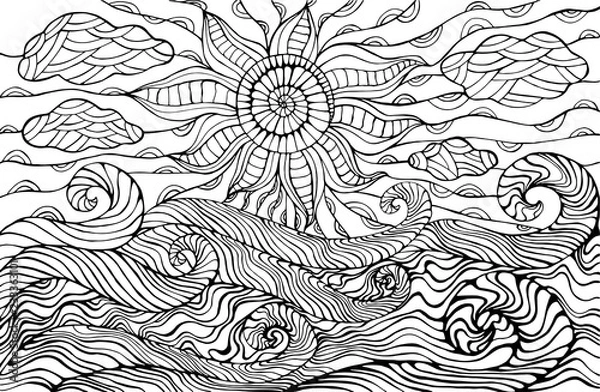 Obraz Doodle sun, clouds and ocean waves coloring page for children and adults.