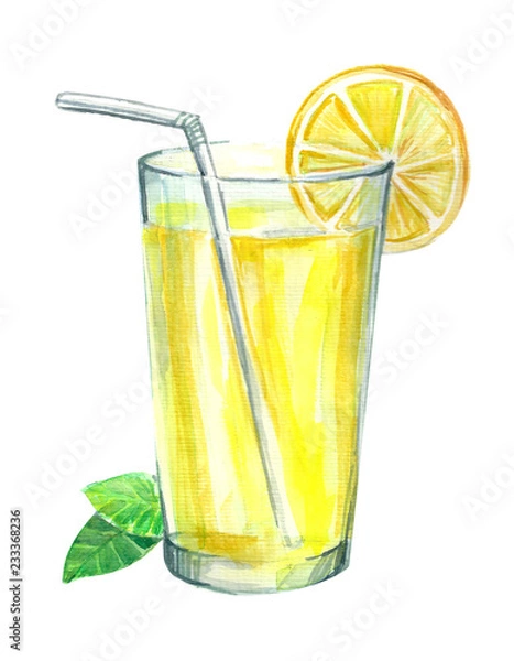 Fototapeta Lemonade with lemon and mint. Image of a drink. Watercolor hand drawn illustration.