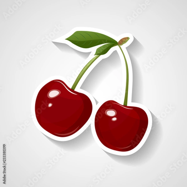 Obraz Cherry sticker vector illustration. Cartoon sticker with white contour in comics style.