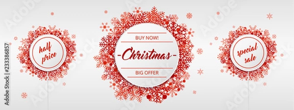Obraz Christmas sales with red snowflakes on white background 