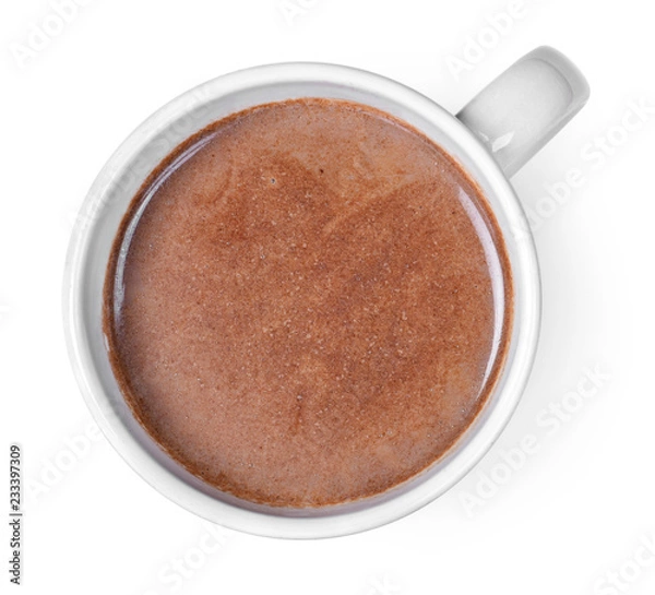 Obraz Hot chocolate or cocoa drink in a cup or mug. Top view of hot chocolate, isolated on white background.