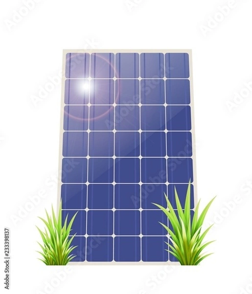 Obraz Panel słoneczny z zieloną trawą na białym tle. Ilustracja wektorowa energii odnawialnej. Energia ekologiczna.