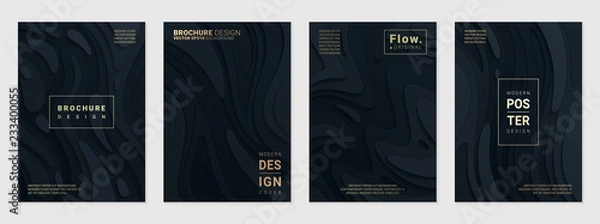 Fototapeta Vector set of cover design template with paper cutting abstract patterns; Modern black gradient; Realistic carving art; Vector 3d templates; Material design concept.