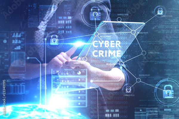 Fototapeta The concept of business, technology, the Internet and the network. A young entrepreneur working on a virtual screen of the future and sees the inscription: Cyber crime