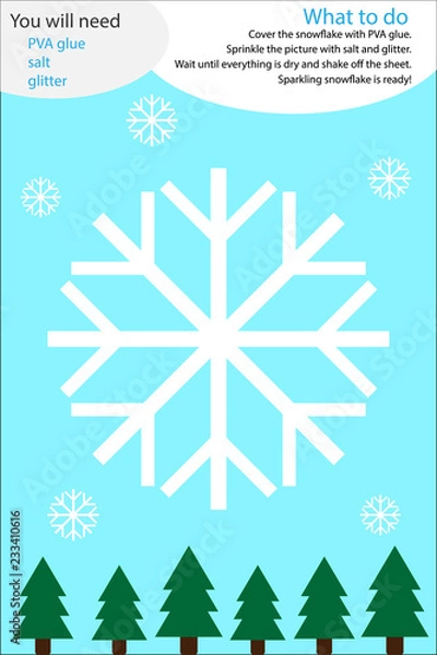 Obraz Christmas winter craft activity, snowflake cartoon, education game for development of preschool children, use glue, glitter and salt to create the applique, art worksheet for kids, vector illustration