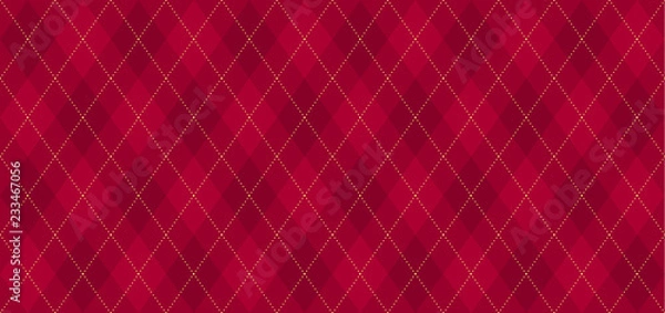 Obraz Wzór wektorowy Argyle. Ciemnoczerwony z cienką złotą przerywaną linią. Bezszwowe tło geometryczne tekstylia, odzież, papier do pakowania prezentów. Karta zaproszenie na przyjęcie świąteczne tło. Boże Narodzenie w tradycyjnym kolorze bordowym