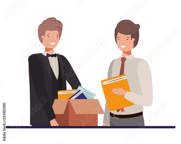 Fototapeta men with book of diary and cardboard box