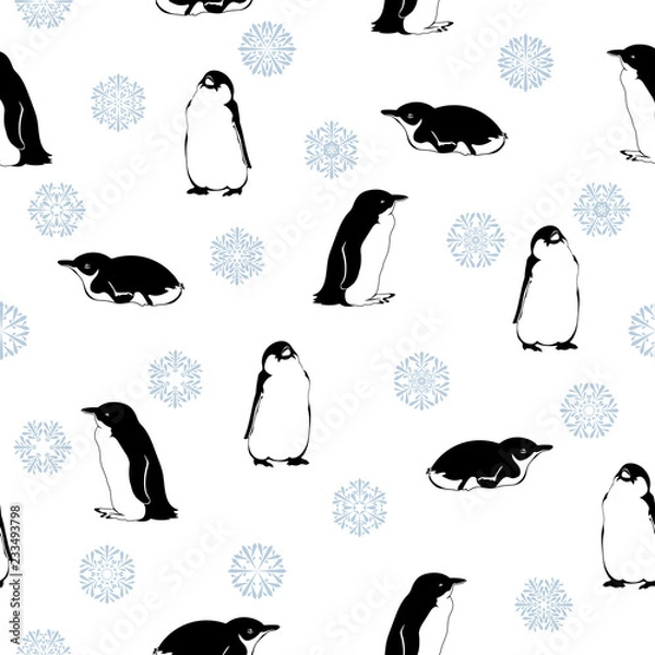 Fototapeta penguins and snowflakes. vector seamless pattern. black white and gray color illustration. winter background. textile paint. repetitive background. fabric swatch. wrapping paper.