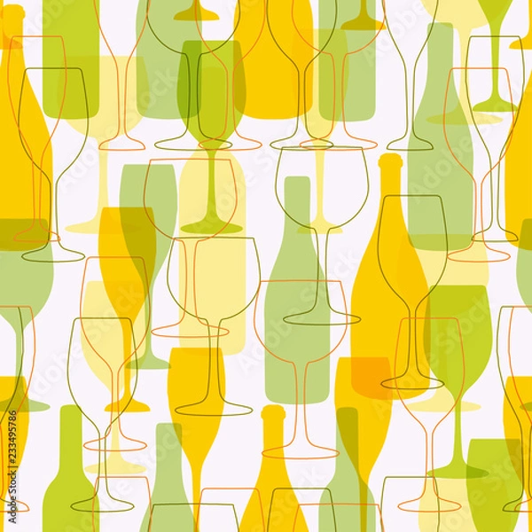Fototapeta Seamless background with wine bottles and glasses. Bright colors  pattern for web, poster, textile, print  other design