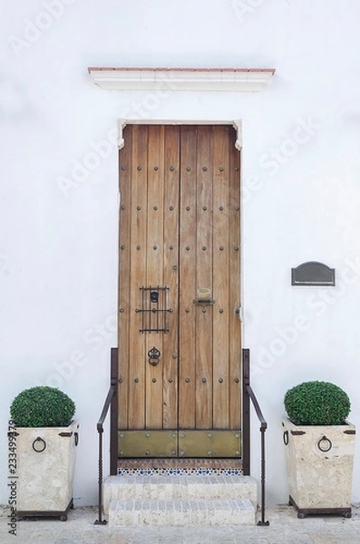 Obraz old white house and colonial door with stairs in colonial area