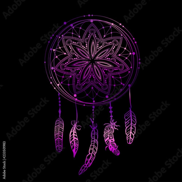 Fototapeta Abstract glowing dreamcatcher in blue and pink colors. Luminescence vector illustration. Boho style background, ethnic design element for flyers, tshirts, clothing, print  web