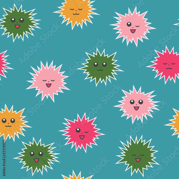 Fototapeta Cute pompons with a face. Different emotions. Bright seamless pattern