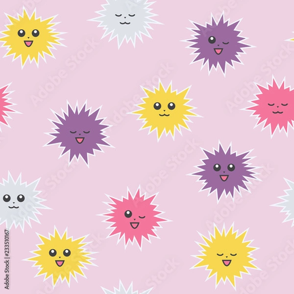 Fototapeta Cute pompons with a face. Different emotions. Bright seamless pattern