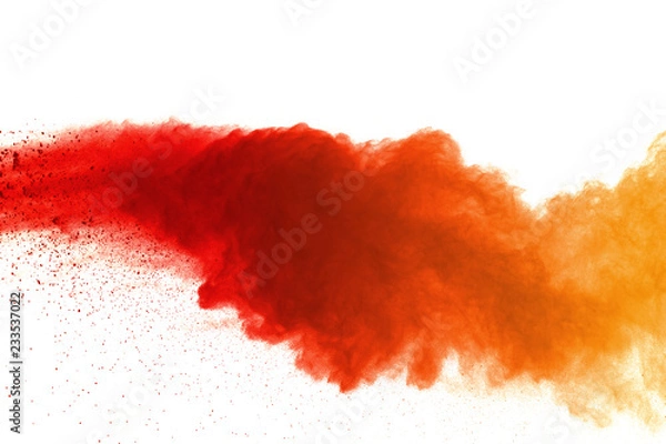 Fototapeta Orange powder explosion on white background. Colored cloud. Colorful dust explode. Paint Holi.