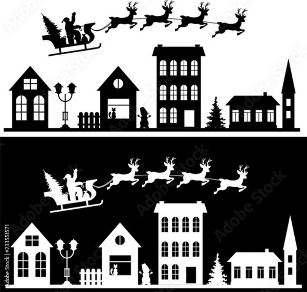Fototapeta Merry Christmas and happy new year. A small town with Santa in the sky on a sleigh with deer. Paper art in digital style. Vector illustration set.