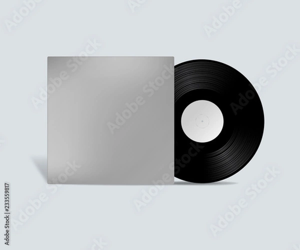 Fototapeta Realistic Vinyl Record with Cover Mockup. Vector realistic 3d music gramophone vinyl LP record with cover icon closeup isolated on white background.
