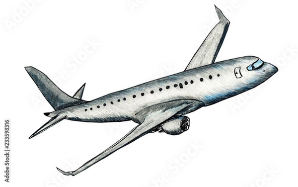 Obraz Ręcznie rysowane ilustracja samolotu w locie w stylu kredki na białym tle
