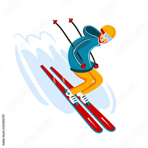 Fototapeta Vector skier cartoon flat style. Man in the ski resort. Winter sport activity. Simple characters. Isolated on white background