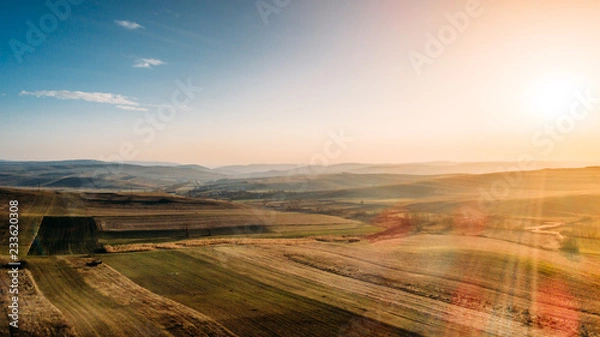 Obraz Aerial view of corn fields, beautiful hills landscape with drone photography