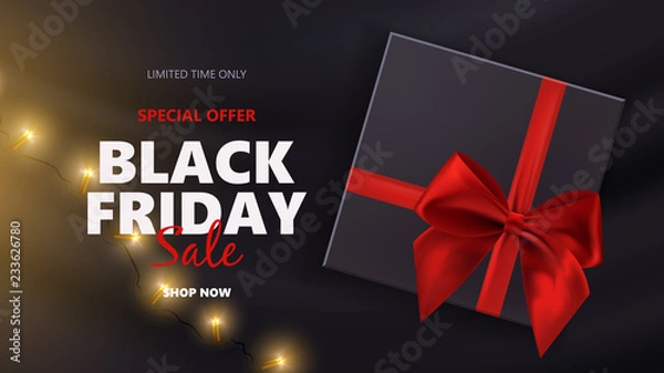 Fototapeta Black friday sale typographical background with photorealistic bow and place for text. Vector illustration.
