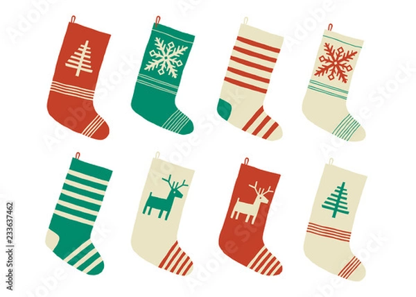 Fototapeta Christmas stockings. Various traditional colorful and ornate holiday stockings or socks collection. Cartoon New Year vector eps 10 illustration isolated on white background in a flat style.