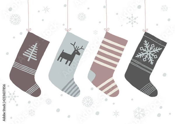Obraz Christmas background with snowflakes and socks hanging on a rope. Cartoon vector hand drawn eps 10 illustration isolated on white background in a flat style.