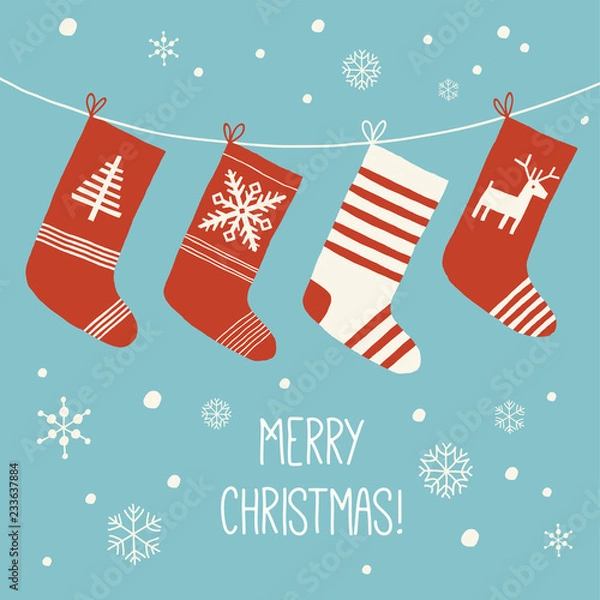Obraz Christmas Socks background. Various Christmas socks hanging on a rope. Christmas card. Cartoon vector hand drawn eps 10 illustration isolated on white background in a flat style.