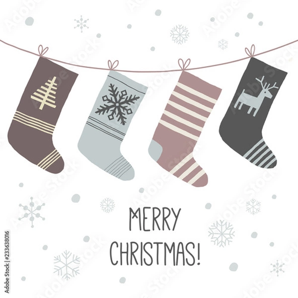 Obraz Christmas socks. A set of socks for the holiday. Cartoon vector hand drawn eps 10 illustration isolated on white background in a flat style.