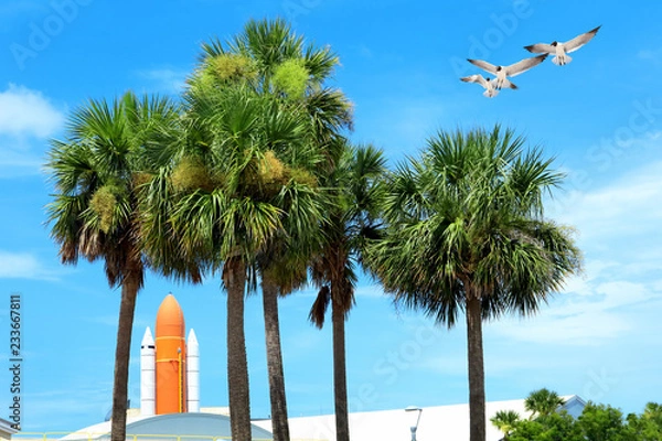 Obraz Kennedy space center entrance with space rocket and palm trees over blue sky and flying seagulls in Florida, USA