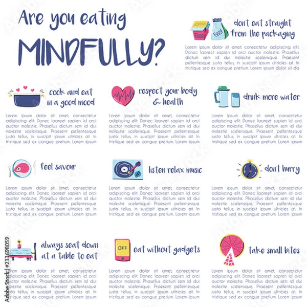 Fototapeta Set of cartoon hand drawn objects on mindful eating theme