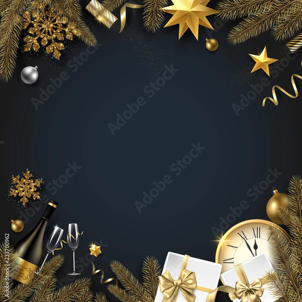 Fototapeta Christmas and New Year background with Christmas decorations, gifts, Champagne and clock.