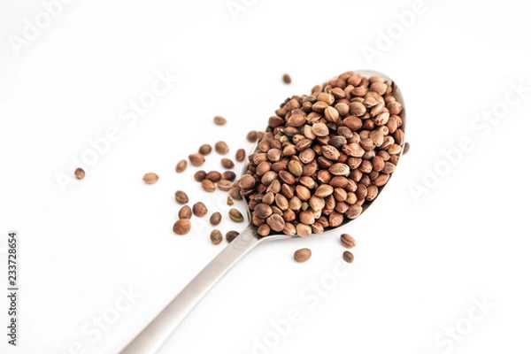 Obraz Cannabis seeds in a metal spoon, isolated on white background. Marijuana grains pile, herbal treatment product, healthy eating, macro view.