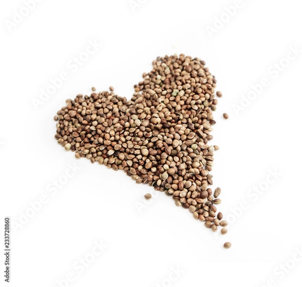 Obraz Cannabis seeds isolated on white background. Marijuana grains, herbal health treatment, heart shape.