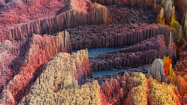 Fototapeta 3d render abstract background with complex structure made of array of vertical geometry. Data visualization concept.