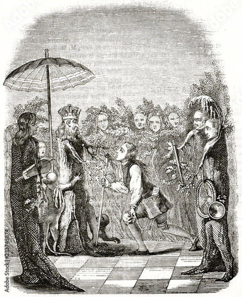 Fototapeta Old illustration depicting Niels Klim in front of the King of Potu (from the Holberg's novel). After Abilgaard published on Magasin Pittoresque Paris 1839