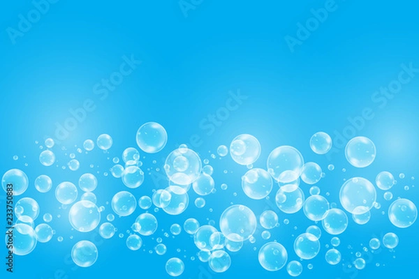 Obraz Realistic soap bubbles with rainbow reflection set isolated on the blue background