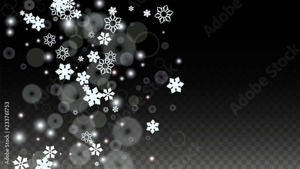 Obraz Christmas  Vector Background with White Falling Snowflakes Isolated on Transparent Background. Realistic Snow Sparkle Pattern. Snowfall Overlay Print. Winter Sky. Design for Party Invitation.