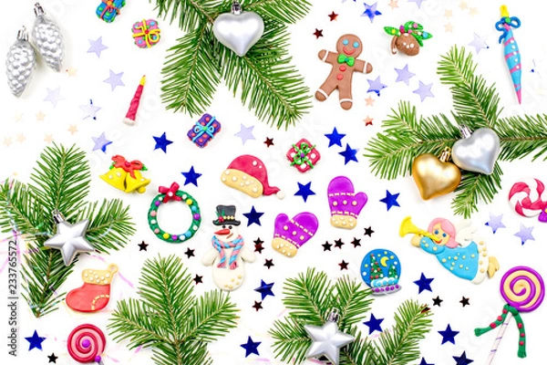 Obraz Merry Christmas greeting card with decorations. Santa, Christmas train with tree and sweets, snowman, reindeer and gifts