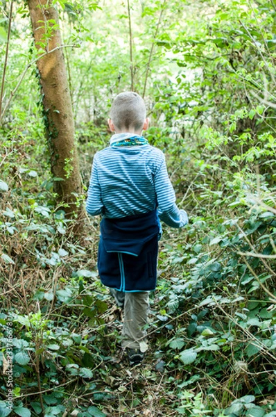 Fototapeta Child explores a wild overgrown path in the forest