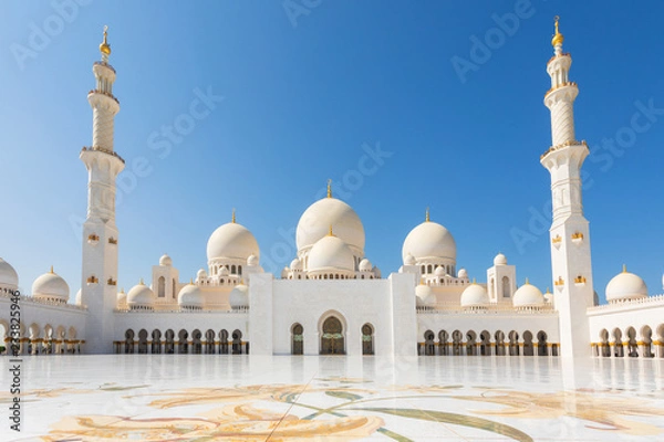 Fototapeta Sheikh Zayed Mosque - Abu Dhabi, United Arab Emirates. Beautiful white Grand Mosque courtyard with unique marble floor and minarets in each corner.