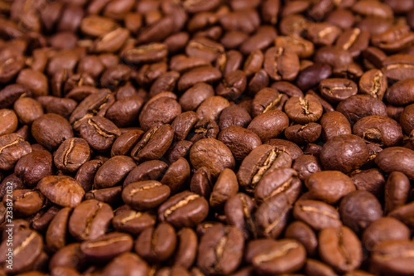 Fototapeta Background of many roasted coffee beans. Selective focus