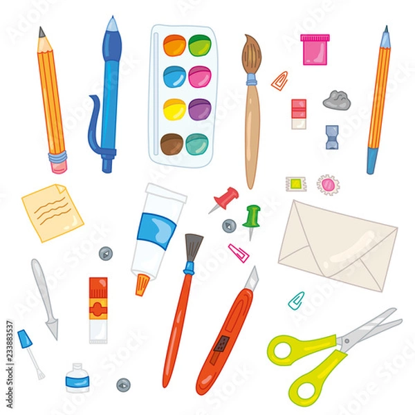 Fototapeta Set of 28 office and school supplies elements: scissors, stick notes, pins, watercolor, gouache, glue, envelope, paper knife, pen, pencil, palette knife, eraser, pencil sharpener and other things!