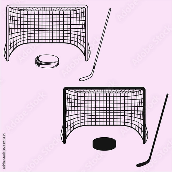 Obraz set of ice hockey elements: hockey stick, hockey goal and puck vector silhouette 