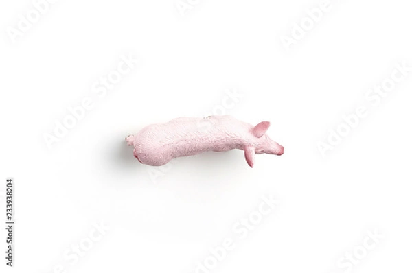 Fototapeta Plastic toy figurine of a pig on a white background. The symbol of the New Year in 2019