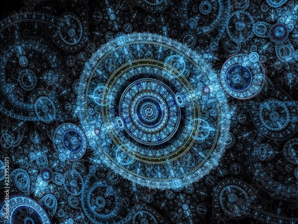 Fototapeta Retro illustration with blue fractal clock - decorative round or