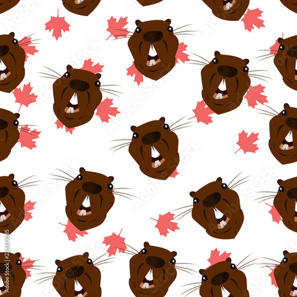 Fototapeta Seamless pattern with the image of the head of a beaver on the background of maple leaves
